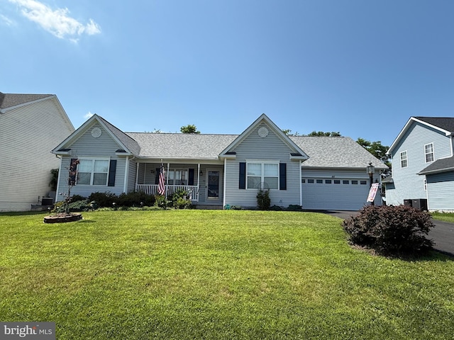46 Carrera Ct, Inwood, WV 25428 - ranch-style house featuring a porch, an attached garage, a front lawn, driveway, and a shingled roof
