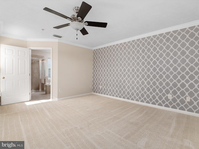 8730 Thornbrook Dr, Odenton, MD 21113 - unfurnished bedroom featuring crown molding, light carpet, ensuite bath, wallpapered walls, and a ceiling fan
