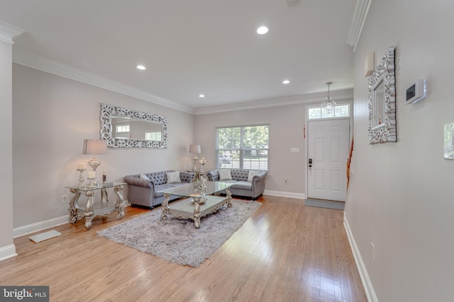8 Ashley Ct, Stafford, VA 22554 - living room featuring wood finished floors, ornamental molding, recessed lighting, and a chandelier