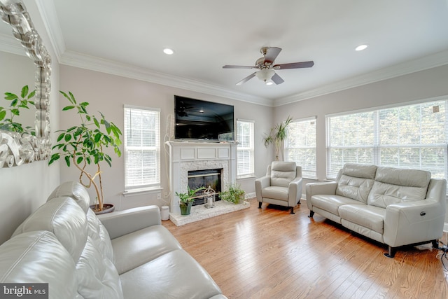 8 Ashley Ct, Stafford, VA 22554 - living room featuring a ceiling fan, a stone fireplace, wood finished floors, crown molding, and recessed lighting