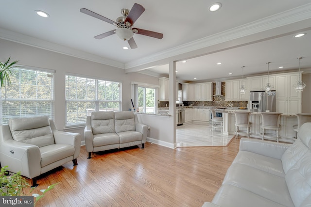 8 Ashley Ct, Stafford, VA 22554 - living room featuring recessed lighting, light wood-style flooring, ceiling fan, and ornamental molding