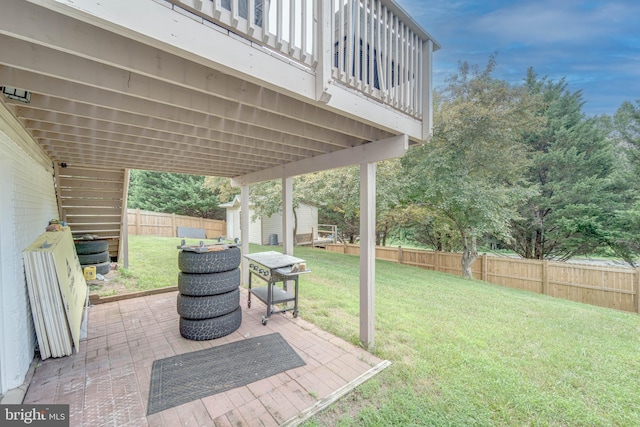 8 Ashley Ct, Stafford, VA 22554 - fenced backyard featuring stairs, a storage shed, a patio area, and a balcony