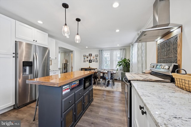 927 Drexel Ave, Drexel Hill, PA 19026 - kitchen with stainless steel appliances, extractor fan, white cabinets, butcher block countertops, and dark wood-type flooring