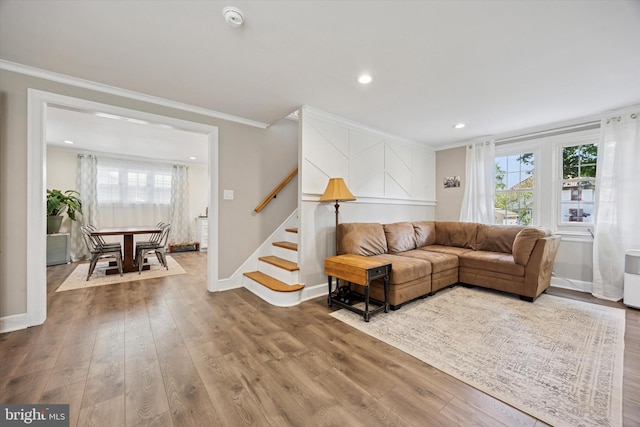 927 Drexel Ave, Drexel Hill, PA 19026 - living room with crown molding, stairway, wood finished floors, and recessed lighting