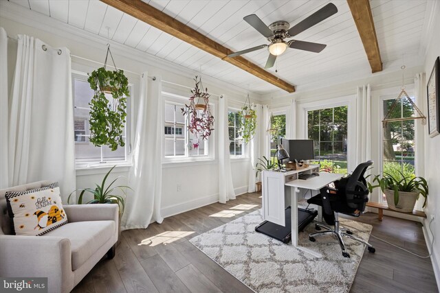 927 Drexel Ave, Drexel Hill, PA 19026 - office featuring dark wood-type flooring, a wooden ceiling with exposed beams, and a ceiling fan