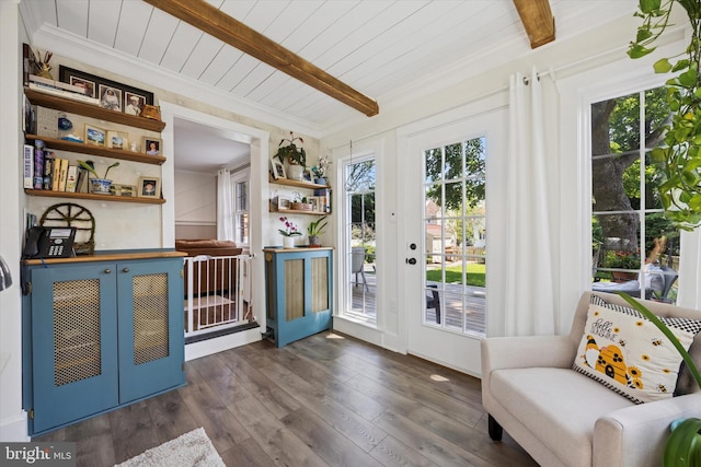 927 Drexel Ave, Drexel Hill, PA 19026 - entryway with french doors, a wood ceiling with exposed beams, dark wood-type flooring, and crown molding