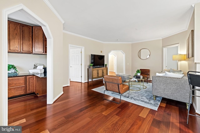 2607 Chapel Lake Dr Unit 203, Gambrills, MD 21054 - living area with arched walkways, dark wood-type flooring, and crown molding