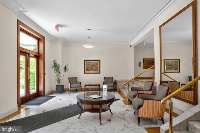 1954 Columbia Rd NW Unit 112, Washington, DC 20009 - foyer featuring light marble finish flooring, stairs, and ornamental molding