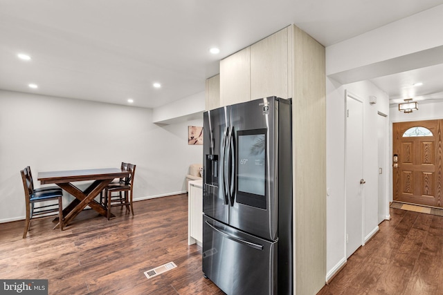 9304 Taverney Ter, Gaithersburg, MD 20879 - kitchen featuring stainless steel fridge with ice dispenser, dark wood-style floors, recessed lighting, cream cabinetry, and modern cabinets