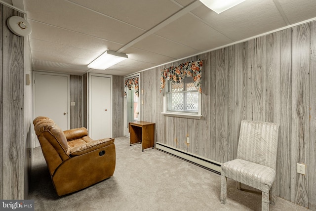 38 Skyview Ln, Lititz, PA 17543 - sitting room featuring a baseboard radiator, carpet floors, and wooden walls