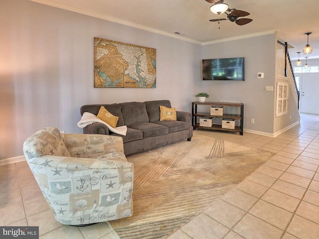 19988 Sandy Bottom Cir Unit 903, Rehoboth Beach, DE 19971 - living area featuring tile patterned floors, crown molding, and ceiling fan