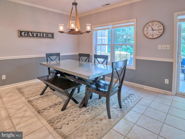 19988 Sandy Bottom Cir Unit 903, Rehoboth Beach, DE 19971 - dining area featuring a chandelier, light tile patterned floors, plenty of natural light, and crown molding