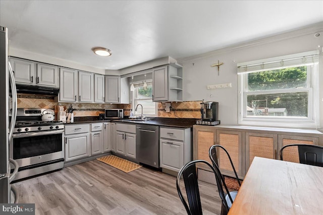15 Pearson Dr, Springfield, PA 19064 - kitchen featuring appliances with stainless steel finishes, gray cabinetry, under cabinet range hood, dark countertops, and tasteful backsplash