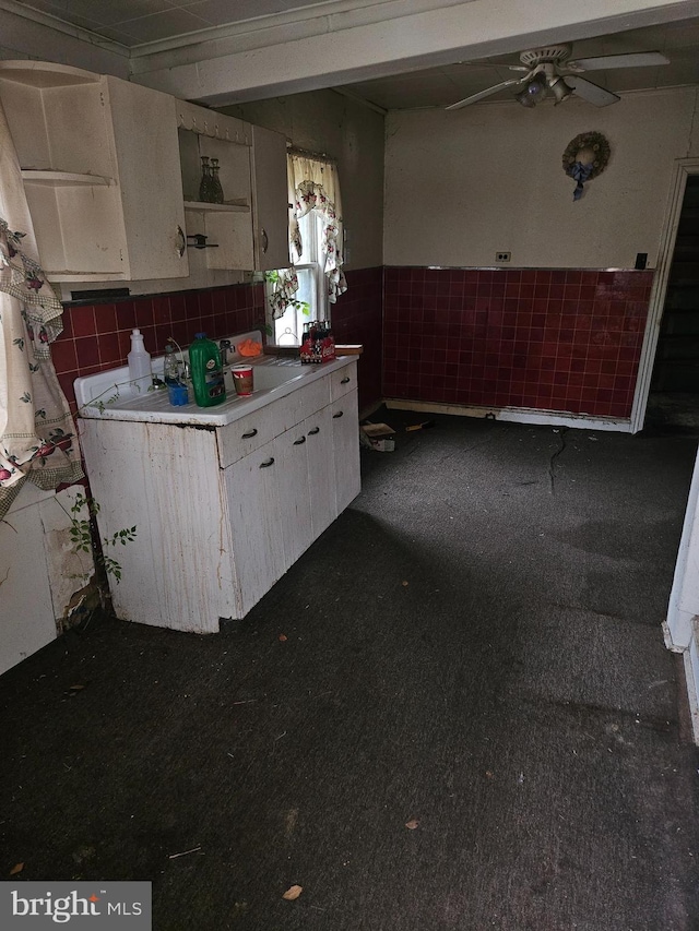 194 Blackwood Ave, Franklinville, NJ 08322 - kitchen with wainscoting, ceiling fan, tile walls, and light countertops