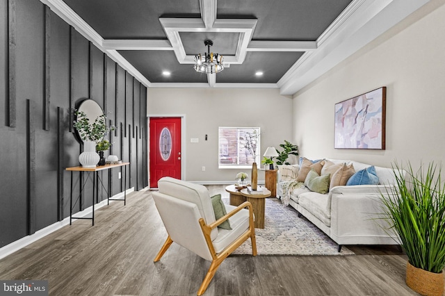 2328 E Hoffman St, Baltimore, MD 21213 - living area featuring coffered ceiling, wood finished floors, a chandelier, ornamental molding, and recessed lighting