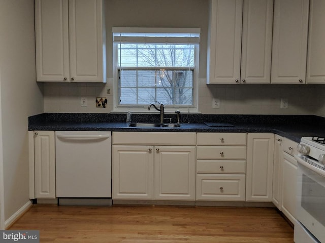 46838 Graham Cove Sq, Sterling, VA 20165 - kitchen with white appliances, dark countertops, white cabinets, and light wood-style flooring