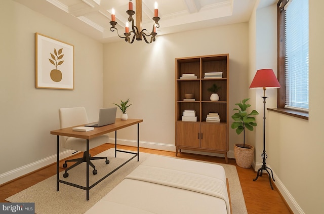 2504 Parkview Rd, Baltimore, MD 21207 - office with coffered ceiling, wood finished floors, a chandelier, beam ceiling, and crown molding