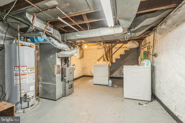 2504 Parkview Rd, Baltimore, MD 21207 - unfinished basement featuring gas water heater, independent washer and dryer, stairway, and heating unit