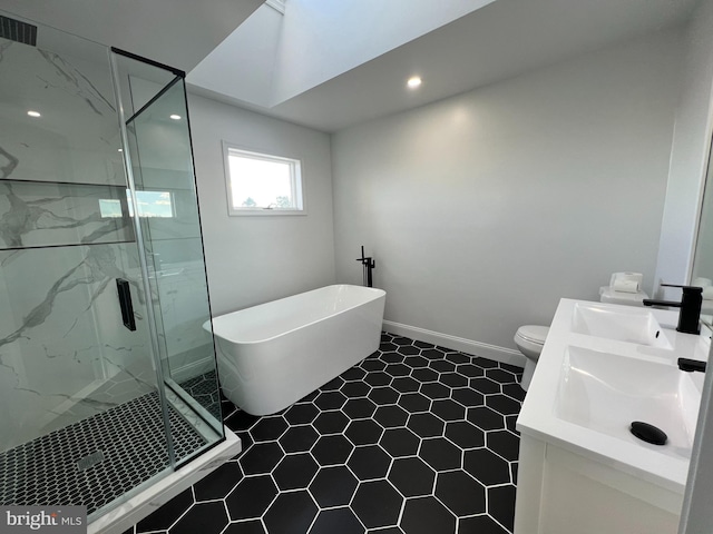 106 Lynx Ln, Effort, PA 18330 - full bath featuring a soaking tub, a marble finish shower, recessed lighting, double vanity, and tile patterned flooring