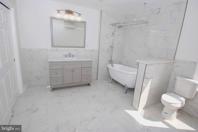 217 Wood St, Burlington, NJ 08016 - bathroom with tile walls, marble finish flooring, a freestanding bath, vanity, and a shower