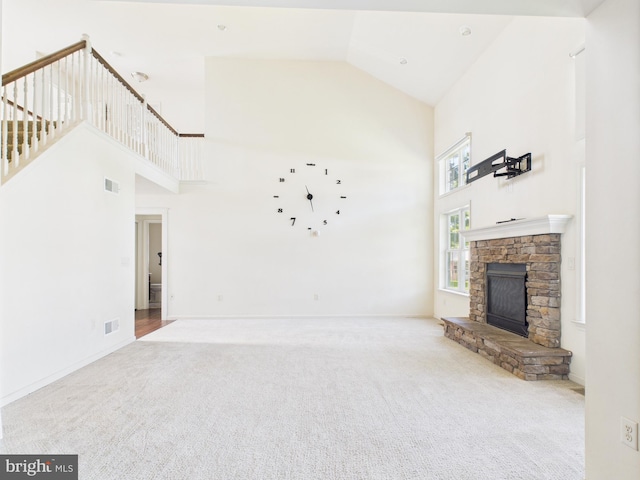 53 Hamlet Cir, Mechanicsburg, PA 17050 - unfurnished living room featuring high vaulted ceiling, carpet floors, and a fireplace