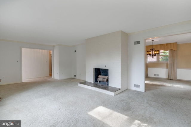 4901 Ashby St NW, Washington, DC 20007 - unfurnished living room with a fireplace with raised hearth, a chandelier, crown molding, and carpet flooring