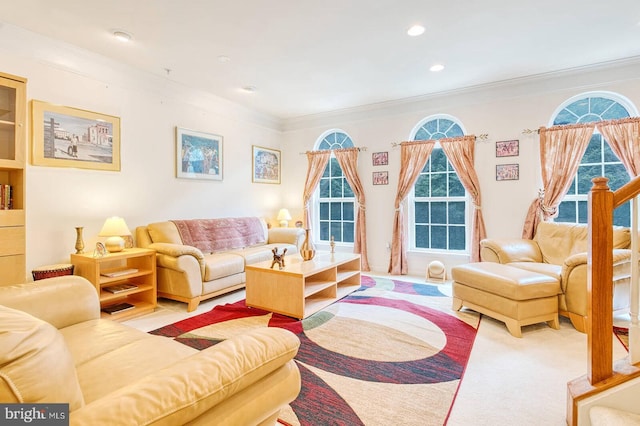 13663 Harvest Glen Way, Germantown, MD 20874 - living area with crown molding, carpet, and recessed lighting