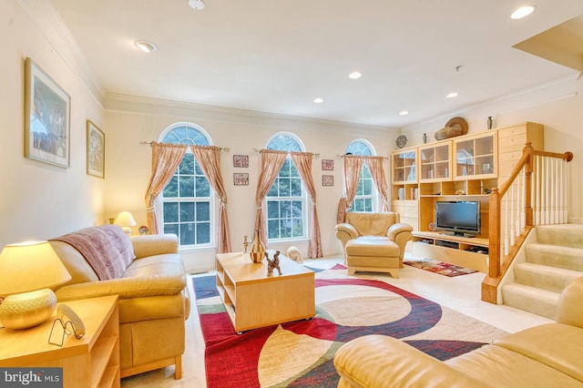 13663 Harvest Glen Way, Germantown, MD 20874 - carpeted living area with crown molding, stairs, and recessed lighting