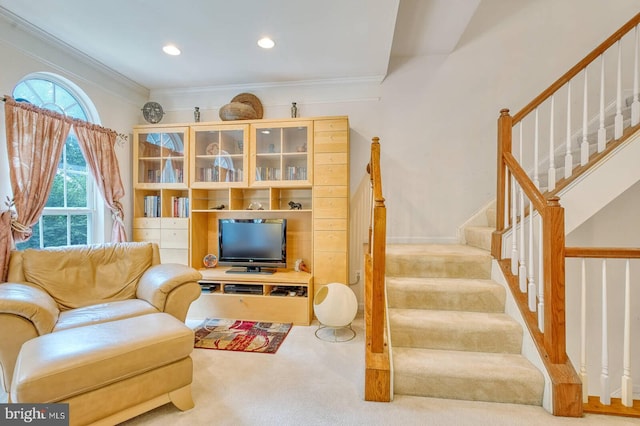 13663 Harvest Glen Way, Germantown, MD 20874 - living area with carpet flooring, ornamental molding, stairway, and recessed lighting