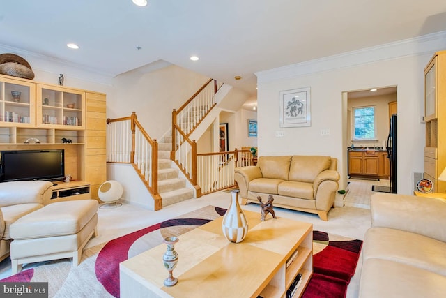 13663 Harvest Glen Way, Germantown, MD 20874 - living area featuring ornamental molding, stairs, light colored carpet, and recessed lighting