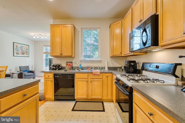 13663 Harvest Glen Way, Germantown, MD 20874 - kitchen featuring black appliances, healthy amount of natural light, light flooring, and light brown cabinets