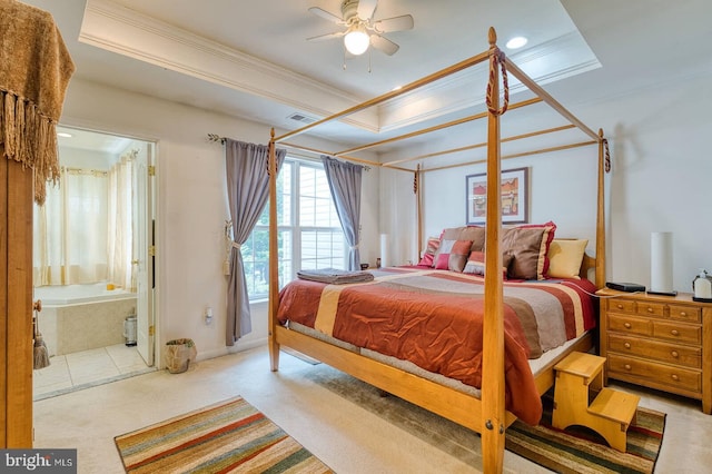 13663 Harvest Glen Way, Germantown, MD 20874 - carpeted bedroom featuring ornamental molding, a tray ceiling, ensuite bathroom, and recessed lighting