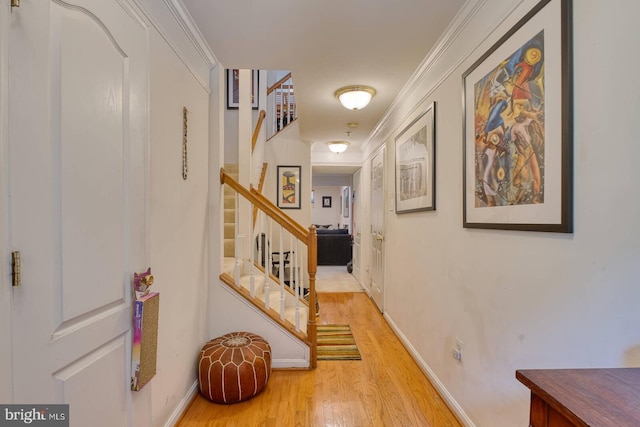 13663 Harvest Glen Way, Germantown, MD 20874 - hallway featuring wood finished floors, stairway, and crown molding