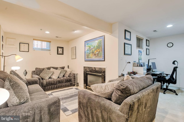13663 Harvest Glen Way, Germantown, MD 20874 - living room with a fireplace, recessed lighting, light colored carpet, and an office area