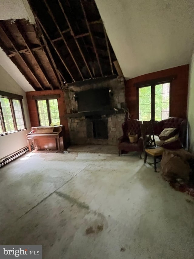 93 Jacobs Creek Rd, Ewing, NJ 08628 - unfurnished living room featuring lofted ceiling, healthy amount of natural light, and a baseboard radiator