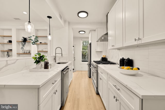 1371 Perry Pl NW, Washington, DC 20010 - kitchen featuring stainless steel appliances, wall chimney range hood, backsplash, and light wood finished floors