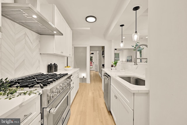 1371 Perry Pl NW, Washington, DC 20010 - kitchen with appliances with stainless steel finishes, ventilation hood, white cabinetry, light wood-style floors, and tasteful backsplash
