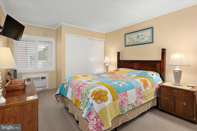 778 94th St Unit 205, Ocean City, MD 21842 - bedroom featuring light carpet, crown molding, and a wall mounted air conditioner