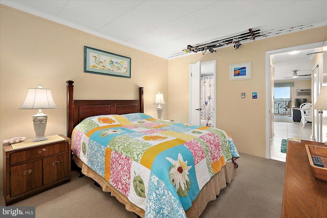 778 94th St Unit 205, Ocean City, MD 21842 - bedroom with light carpet, ornamental molding, and track lighting