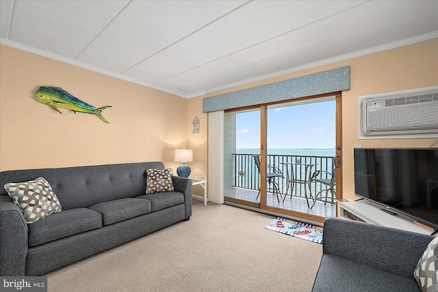 778 94th St Unit 205, Ocean City, MD 21842 - carpeted living room with ornamental molding and a wall mounted air conditioner