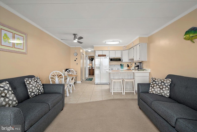 778 94th St Unit 205, Ocean City, MD 21842 - living area with light tile patterned floors, crown molding, ceiling fan, and light carpet