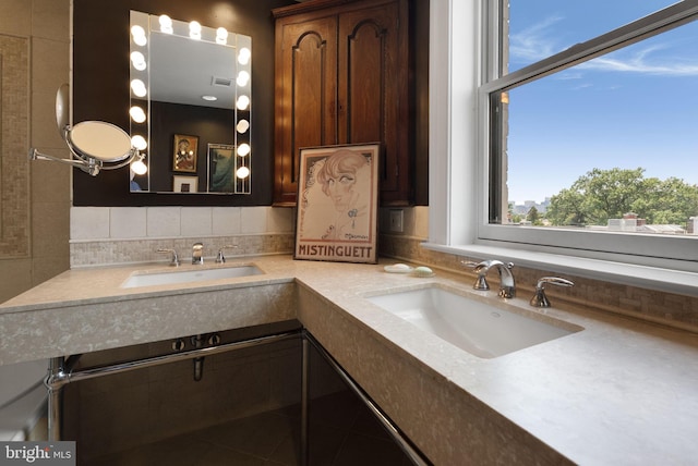 2230 California St NW Unit 5Cw, Washington, DC 20008 - full bathroom with tile patterned flooring, double vanity, healthy amount of natural light, and decorative backsplash