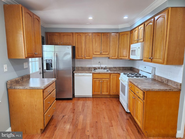 9765 Bird Riv, Middle River, MD 21220 - kitchen with white appliances, light wood finished floors, brown cabinetry, ornamental molding, and decorative backsplash