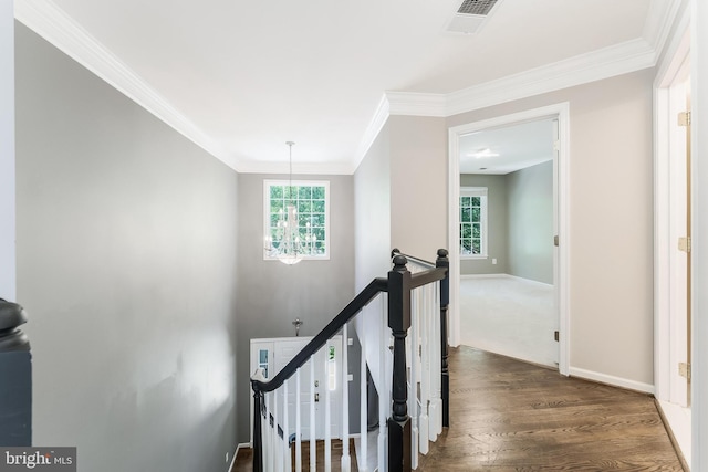 20152 Boxwood Pl, Ashburn, VA 20147 - hall with crown molding, an upstairs landing, and dark wood-style floors