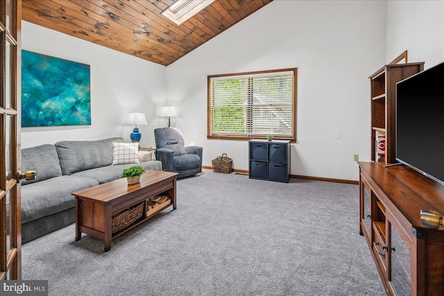 8 High Acres Dr, Ewing, NJ 08628 - carpeted living area with lofted ceiling, a skylight, and wood ceiling