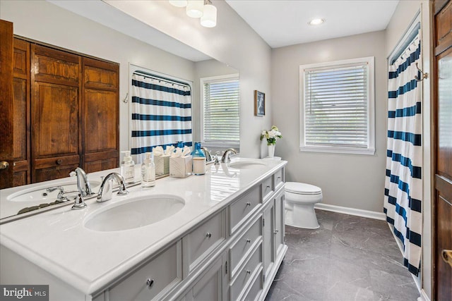 8 High Acres Dr, Ewing, NJ 08628 - full bath featuring double vanity, marble finish floors, recessed lighting, and curtained shower