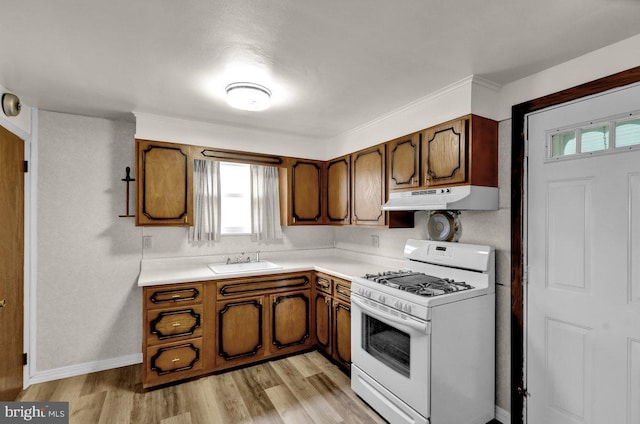 3533 Chestnut St, Reading, PA 19605 - kitchen featuring white gas stove, under cabinet range hood, light countertops, and light wood finished floors