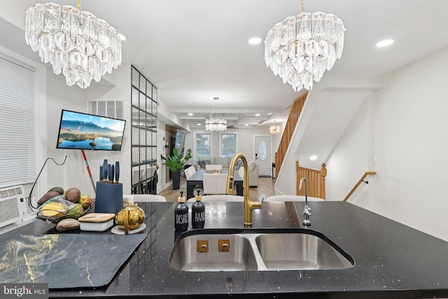 531 Redfern St, Hamilton, NJ 08610 - kitchen with a chandelier, recessed lighting, dark stone countertops, open floor plan, and decorative light fixtures