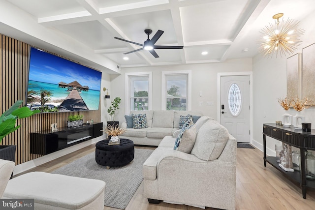 531 Redfern St, Hamilton, NJ 08610 - living area featuring a chandelier, light wood-type flooring, coffered ceiling, ceiling fan, and beamed ceiling