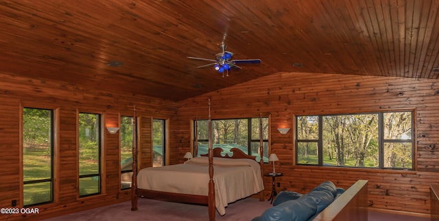 bedroom featuring wooden ceiling, ceiling fan, and high vaulted ceiling